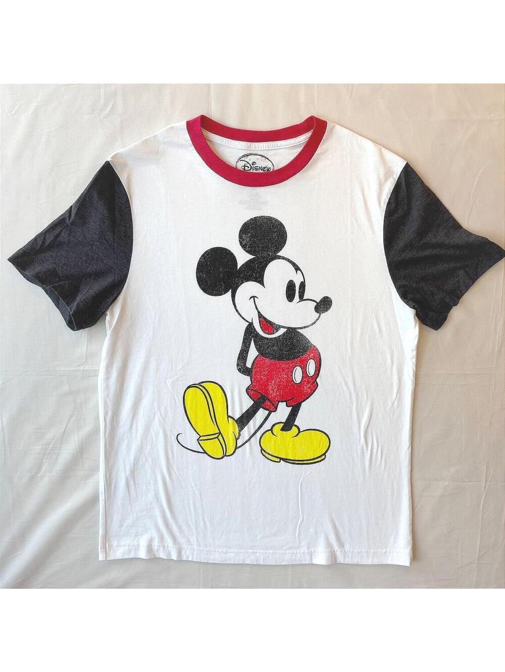 Disney Mickey Mouse Raglan Ringer Tee White Red Gray Distressed Graphic Size L